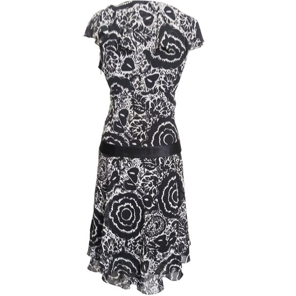 Bice Black White Floral Print Chiffon Dress Size 14 Dropped Waist Satin Sash Bow - Picture 4 of 5